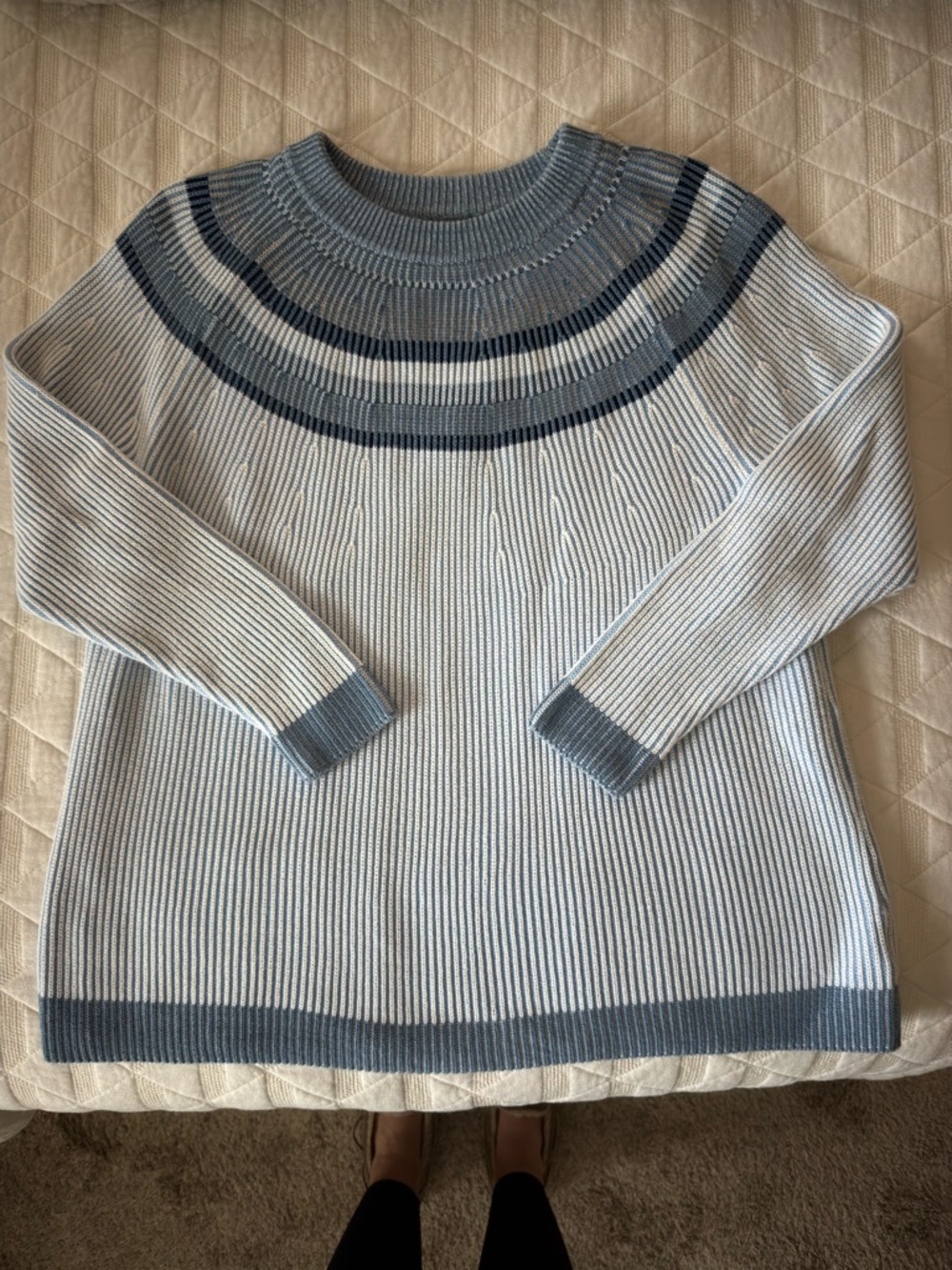Lands' End Cream Sweater with Blue Ribbed Yoke